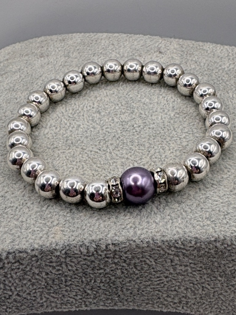 Swarovski Silver Bead Stretch Bracelet with Purple Pearl Accent & Crystals 7-8”